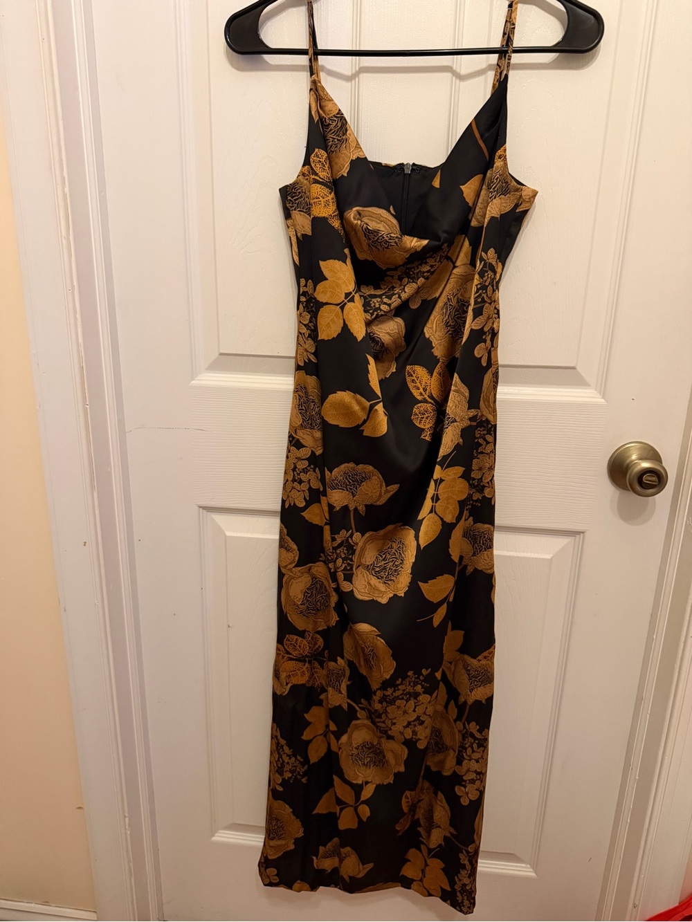 Lulu's Black Slip Midi Dress with Gold Floral Print